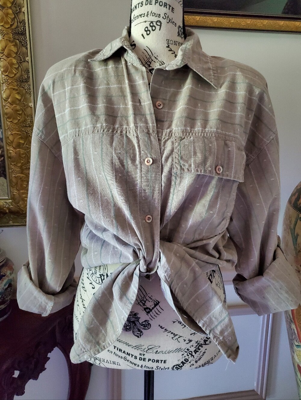 Vintage 80s 90s Ilio 100% Cotton Embroidered Taupe Button Down Utility Shirt L